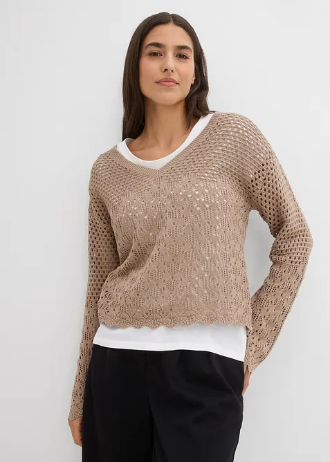 Leichter Ajour-Pullover in braun von vorne (im Anschnitt) - bonprix
