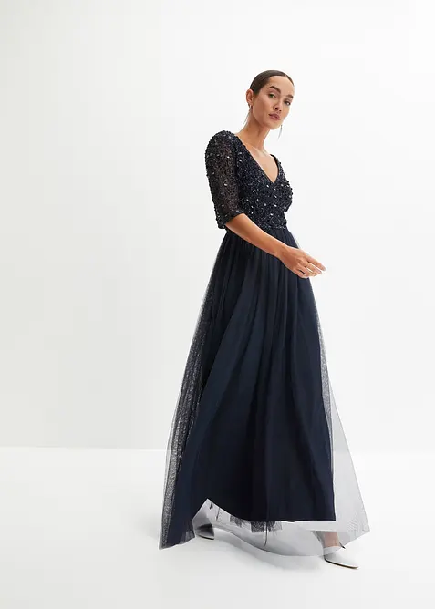 Abendkleid aus zartem Tüll mit Paillettenstickerei in blau im Look von vorne (Totalaufnahme) - bonprix