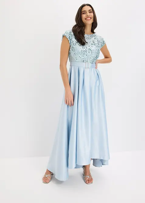 Abendkleid aus glänzendem Satin mit Pailletten in blau von vorne (Totalaufnahme) - bonprix