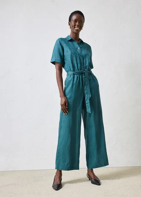 Jumpsuit aus reinem Leinen in petrol von vorne (Totalaufnahme) - bonprix