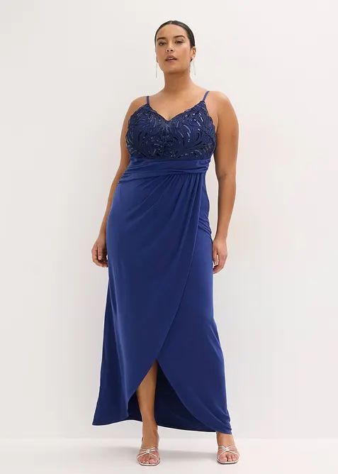 Abendkleid mit Spitze und Paillettenstickerei in blau von vorne (Totalaufnahme) - bonprix