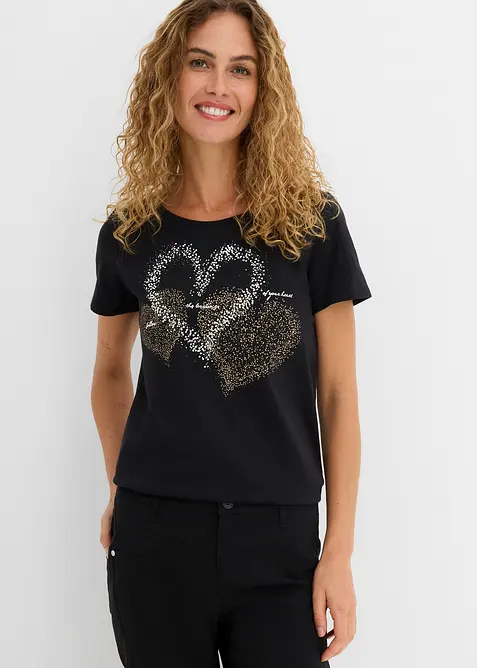 Shirt mit Herzdruck aus Bio-Baumwolle in schwarz von vorne (im Anschnitt) - bonprix
