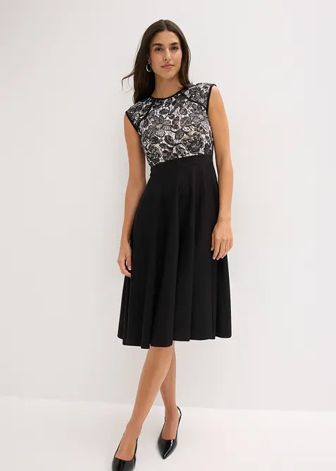 Midikleid mit Spitze in schwarz von vorne (Totalaufnahme) - bonprix