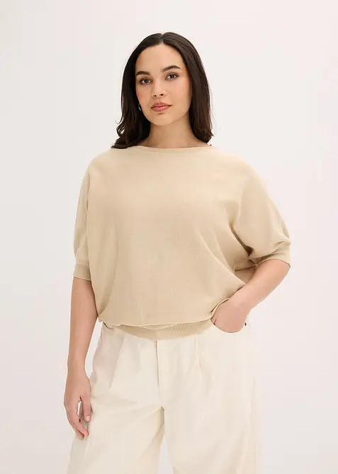 Feinstrickpullover aus Baumwoll-Mix in beige von vorne (im Anschnitt) - bonprix