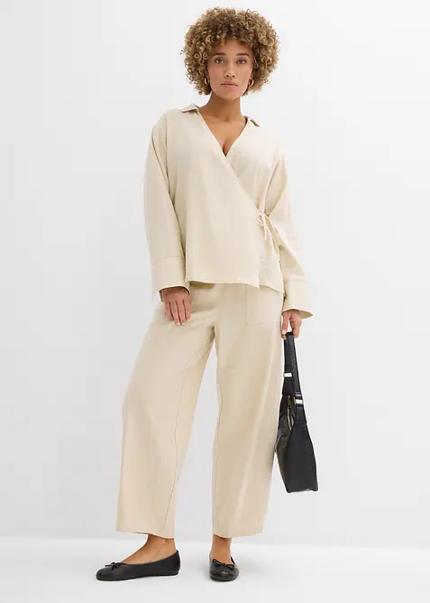 Barrel-Hose aus leichtem Leinen-Viskose-Mix in beige im Look von vorne (Totalaufnahme) - bonprix