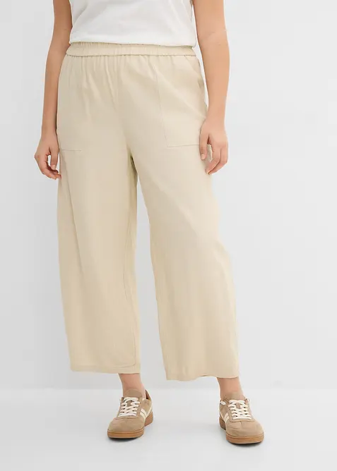 Barrel-Hose aus leichtem Leinen-Viskose-Mix in beige von vorne - bonprix