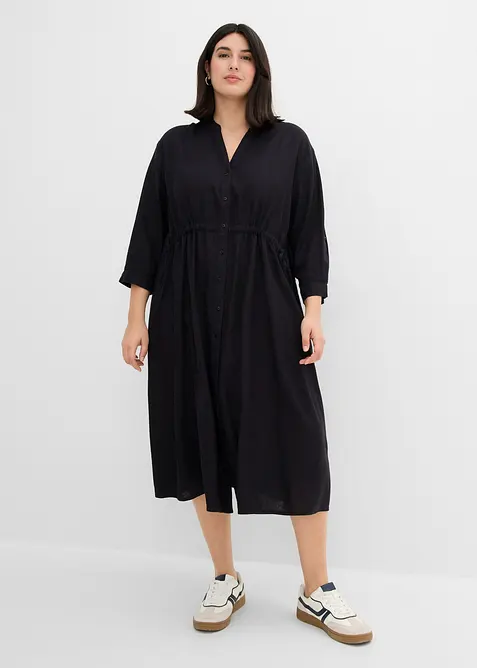 Midikleid aus Leinen-Viskose-Mix in schwarz von vorne (Totalaufnahme) - bonprix