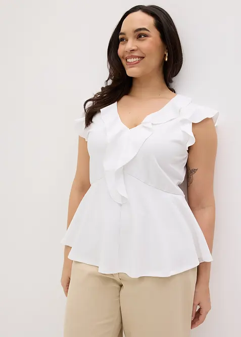 Shirt mit Volants in weiß von vorne (im Anschnitt) - bonprix