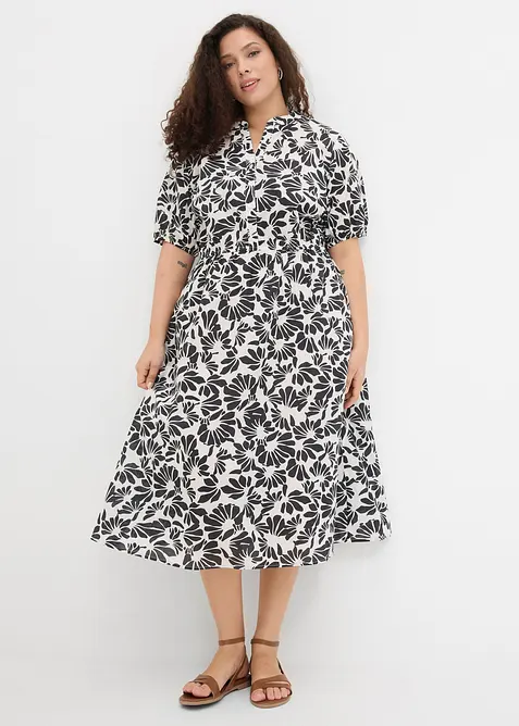 Weites Midikleid aus reiner Baumwolle in weiß von vorne (Totalaufnahme) - bonprix