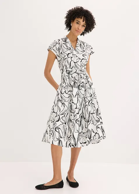 Kleid mit Drapierung aus griffigem Popeline in weiß im Look von vorne (Totalaufnahme) - bonprix