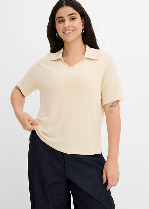 Poloshirt im Struktur-Material in beige von vorne (im Anschnitt) - bonprix