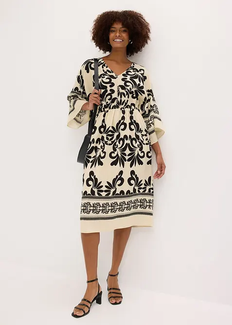 Midikleid aus fließendem Viskoe-Mix in beige im Look von vorne (Totalaufnahme) - bonprix