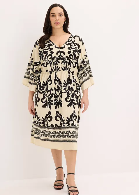 Midikleid aus fließendem Viskoe-Mix in beige von vorne (Totalaufnahme) - bonprix