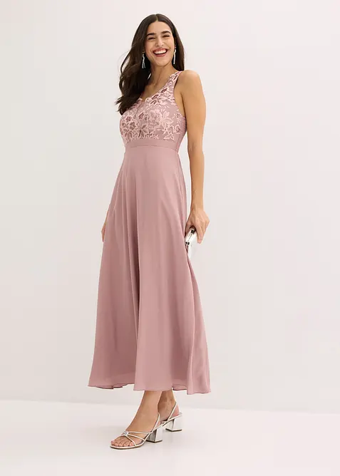 Maxikleid mit Paillettenstickerei in rosa im Look von vorne (Totalaufnahme) - bonprix