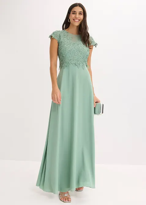 Midikleid aus zartem Tüll mit Spitze in grün im Look von vorne (Totalaufnahme) - bonprix