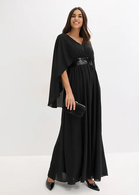 Abendkleid aus feinem Chiffon mit Pailletten-Einsatz in schwarz im Look von vorne (Totalaufnahme) - bonprix