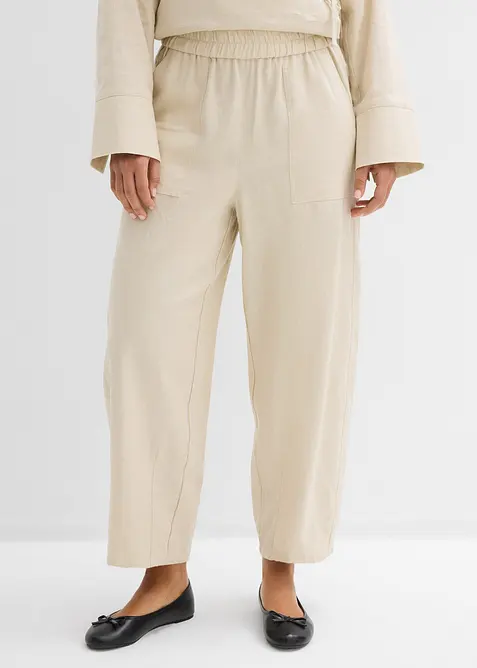Barrel-Hose aus leichtem Leinen-Viskose-Mix in beige von vorne - bonprix