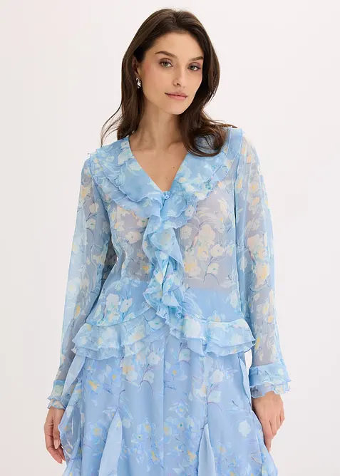 Chiffonbluse mit Volants in blau von vorne (im Anschnitt) - bonprix