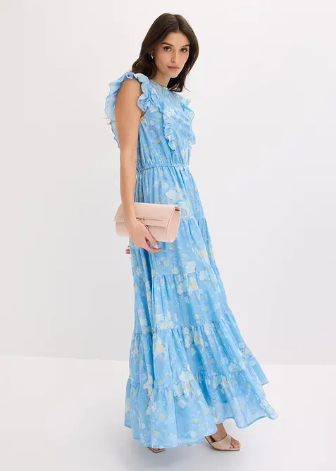 Maxikleid aus reiner Baumwolle in blau im Look von vorne (Totalaufnahme) - bonprix