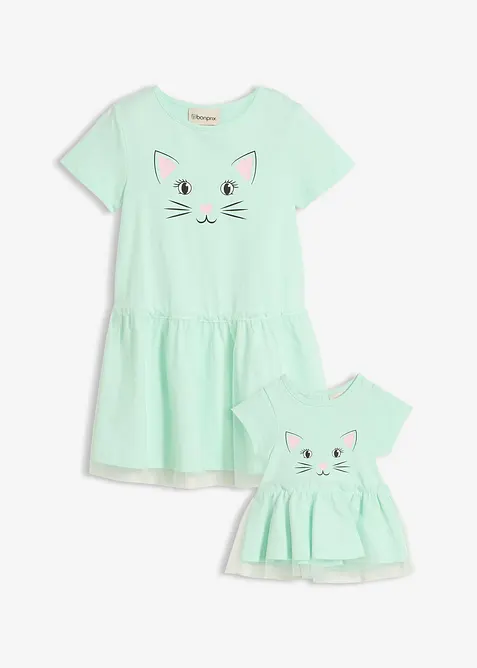 Jerseykleid und Puppenkleid (2-tlg.) aus reiner Bio-Baumwolle in grün von vorne - bonprix
