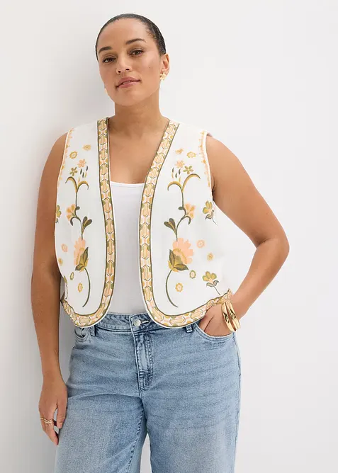 Bestickte Weste aus luftigem Leinen-Mix in beige von vorne (im Anschnitt) - bonprix