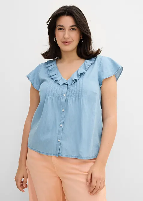 Jeans-Blusentop aus Bio-Baumwolle in blau von vorne (im Anschnitt) - bonprix