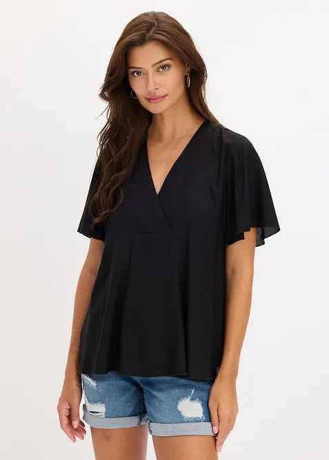 Kimono-Bluse aus fließender Viskose in schwarz von vorne (im Anschnitt) - bonprix