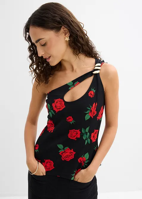 One-Shoulder-Top mit Schmuck-Detail in schwarz von vorne (im Anschnitt) - bonprix