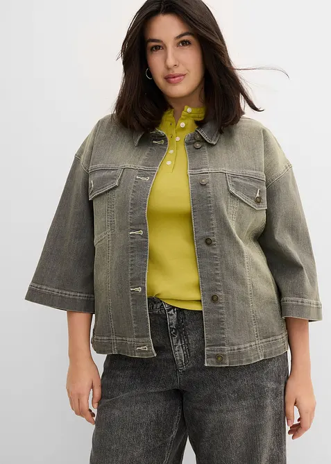 Oversize Jeansjacke, 3/4-Arm in grau von vorne (im Anschnitt) - bonprix
