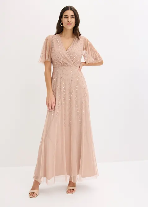Abendkleid aus zartem Tüll mit Paillettenstickerei in beige von vorne (Totalaufnahme) - bonprix