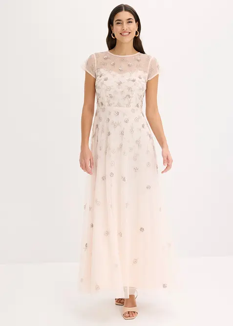 Abendkleid aus zartem Tüll mit Paillettenstickerei in rosa von vorne (Totalaufnahme) - bonprix