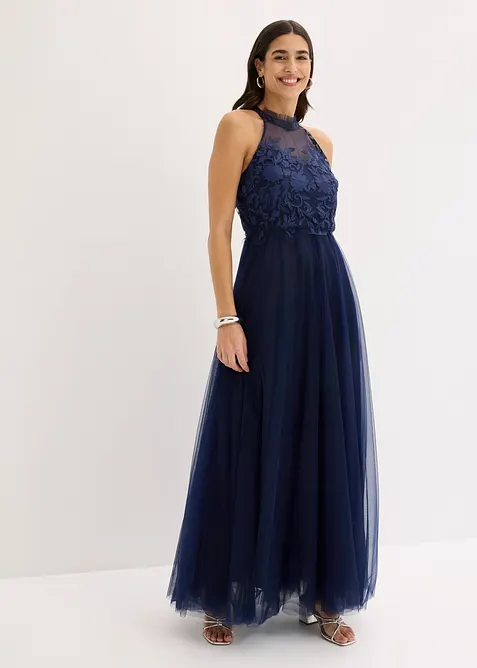Abendkleid aus zartem Tüll mit Spitze in blau von vorne (Totalaufnahme) - bonprix