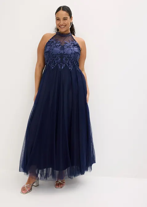 Abendkleid aus zartem Tüll mit Spitze in blau von vorne (Totalaufnahme) - bonprix