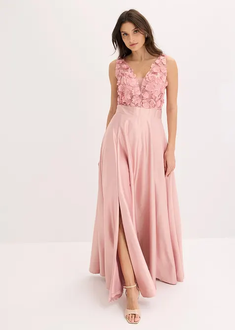 Abendkleid aus glänzendem Satin mit Blumen-Applikation in rosa im Look von vorne (Totalaufnahme) - bonprix