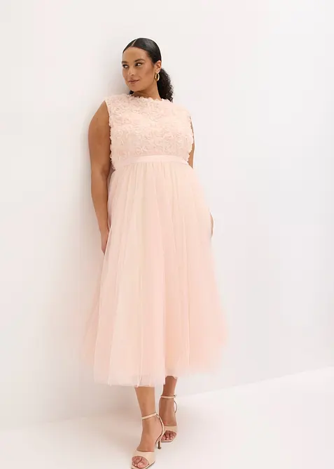 Abendkleid aus zartem Tüll mit Blumen-Details in rosa von vorne (Totalaufnahme) - bonprix
