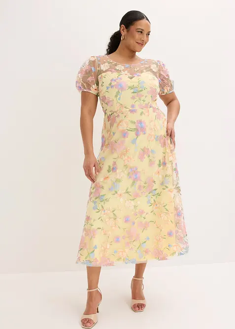 Spitzenkleid mit floraler Stickerei in gelb von vorne (Totalaufnahme) - bonprix