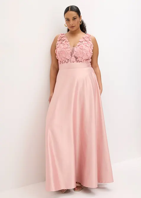 Abendkleid aus glänzendem Satin mit Blumen-Applikation in rosa von vorne (Totalaufnahme) - bonprix