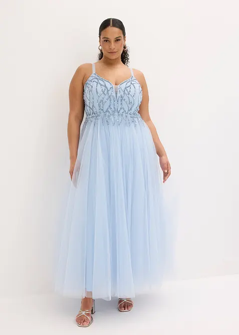 Abendkleid aus zartem Tüll mit Strasssteinverzierungen in blau von vorne (Totalaufnahme) - bonprix