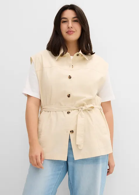 Weste mit Gürtel, aus Baumwolle in beige von vorne (im Anschnitt) - bonprix