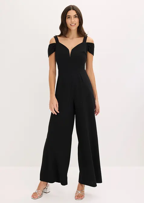 Overall aus strukturiertem Crepé in schwarz von vorne (Totalaufnahme) - bonprix