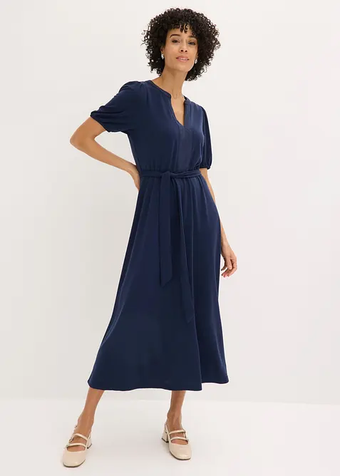 Midikleid mit Bindegürtel aus Viskose-Piqué (2-tlg.Set) in blau von vorne (Totalaufnahme) - bonprix