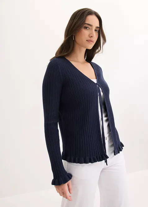 Feinstrickjacke aus Baumwoll-Mix in blau von vorne (im Anschnitt) - bonprix