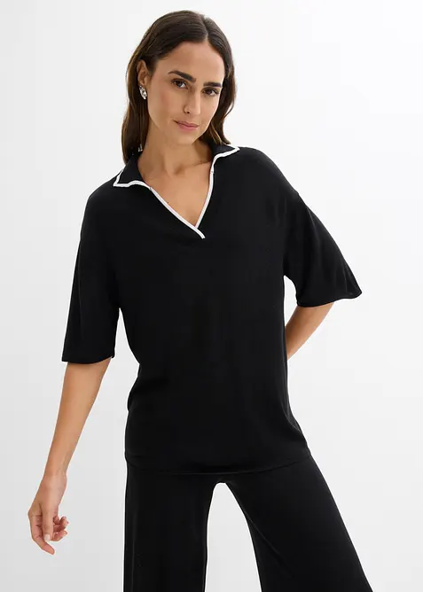 Polo Fein-Strickshirt aus Viskose-Mix in schwarz von vorne (im Anschnitt) - bonprix