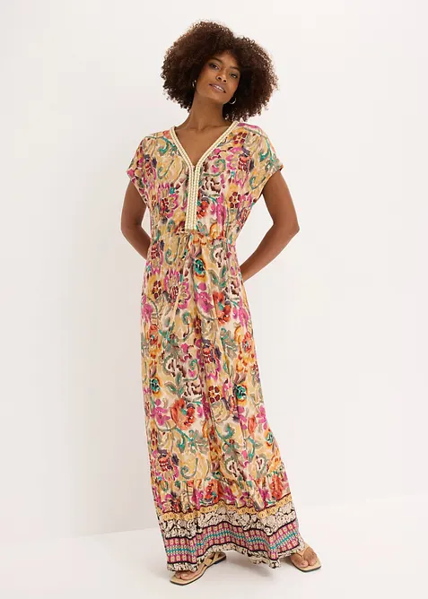 Jerseykleid aus softem Vikose-Mix in beige von vorne (Totalaufnahme) - bonprix