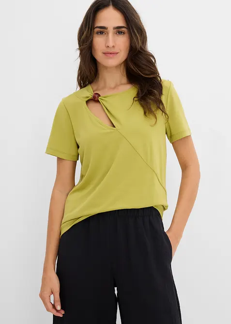 T-Shirt aus fließendem Viskose-Mix in grün von vorne (im Anschnitt) - bonprix