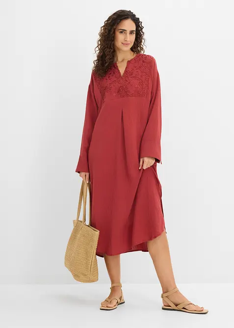 Leichtes Kaftan-Kleid mit Verzierung in rot im Look von vorne (Totalaufnahme) - bonprix
