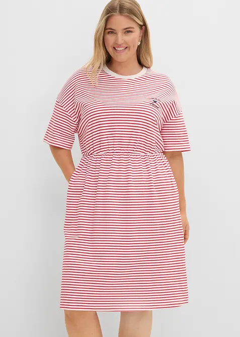 Gestreiftes Jerseykleid mit Stickerei in rot von vorne (Totalaufnahme) - bonprix