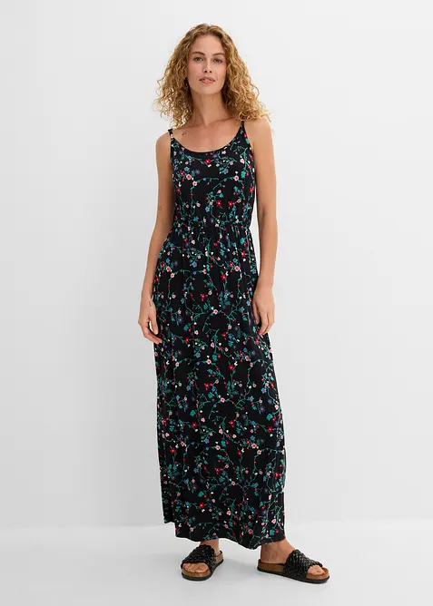 tailliertes Maxi-Kleid mit Druck in schwarz von vorne (Totalaufnahme) - bonprix