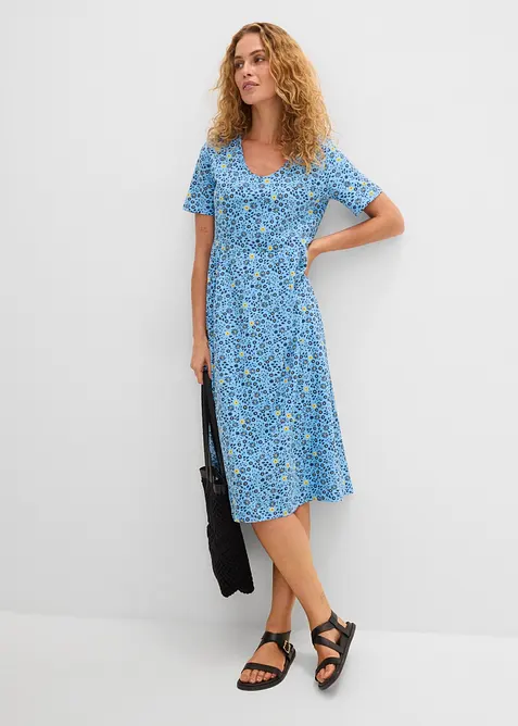 Baumwoll-Jerseykleid, Midilänge in blau im Look von vorne (Totalaufnahme) - bonprix