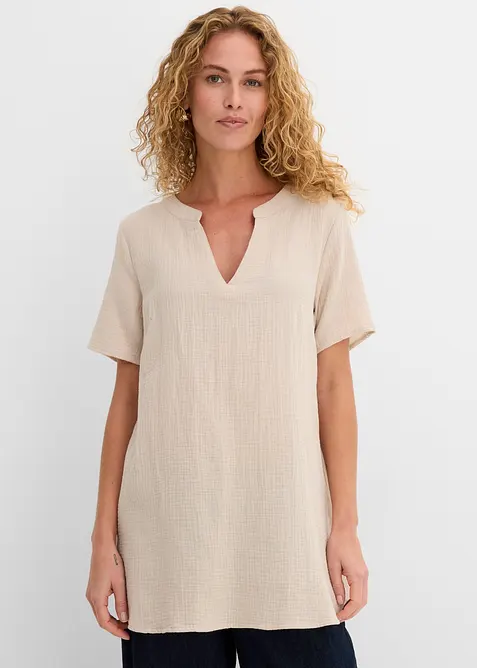 Musselin-Long-Tunika aus reiner Baumwolle in grau von vorne (im Anschnitt) - bonprix